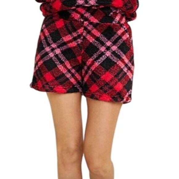 Maurices Teddy Sherpa Shorts Womens Large Red Black Plaid New WOT - Picture 1 of 9